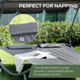 Outsunny Patio Double Hammock Sun Lounger Bed w/ Canopy Shelter, Wheels & 2 Pillows, Grey - thumbnail 5