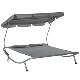 Outsunny Patio Double Hammock Sun Lounger Bed w/ Canopy Shelter, Wheels & 2 Pillows, Grey - thumbnail 1
