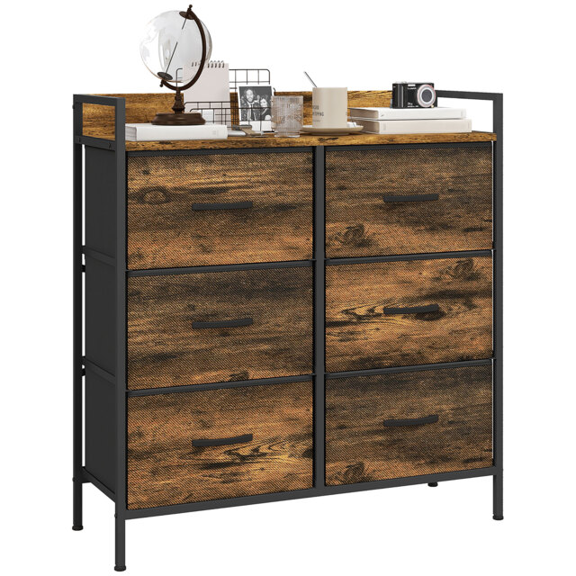 HOMCOM Rustic Chest of Six Fabric Drawers - Brown Wood Effect - Aosom UK - image 1