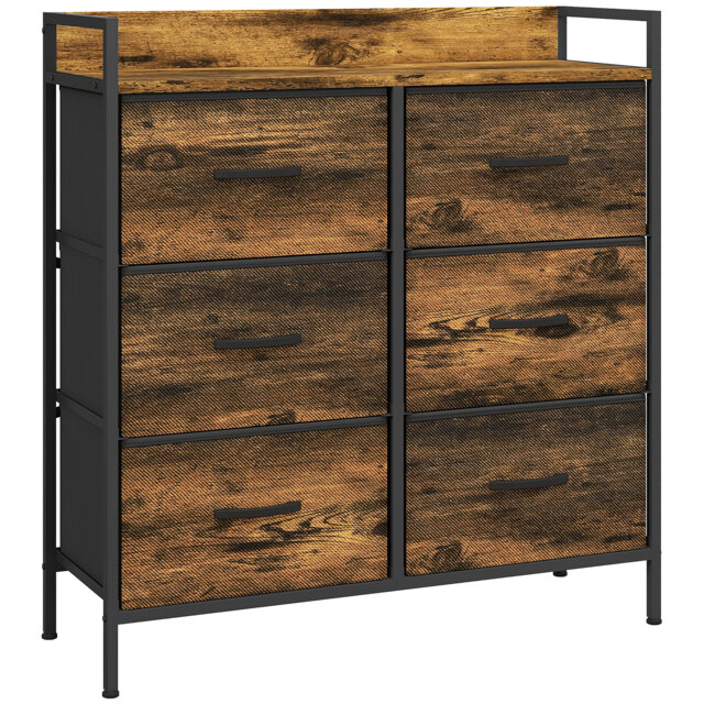 HOMCOM Rustic Chest of Six Fabric Drawers - Brown Wood Effect - Aosom UK - image 1
