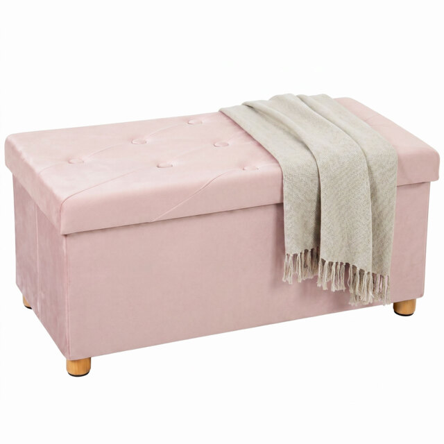 HOMCOM Velvet Upholstered Foldable Ottoman Footrest, Storage Ottoman Bench with Wood Legs for Living Room, Pink - image 1