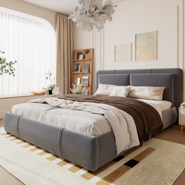 Upholstered Hydraulic Bed with Storage and Removable Headboard, Crafted Headboard with Velvet and Plywood, 210L x 159W x 90H cm, Grey - Aosom UK - image 1