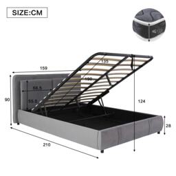 Upholstered Hydraulic Bed with Storage and Removable Headboard, Crafted Headboard with Velvet and Plywood, 210L x 159W x 90H cm, Grey - Aosom UK - thumbnail 3