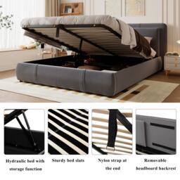 Upholstered Hydraulic Bed with Storage and Removable Headboard, Crafted Headboard with Velvet and Plywood, 210L x 159W x 90H cm, Grey - Aosom UK - thumbnail 4