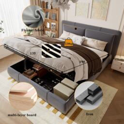 Upholstered Hydraulic Bed with Storage and Removable Headboard, Crafted Headboard with Velvet and Plywood, 210L x 159W x 90H cm, Grey - Aosom UK - thumbnail 5