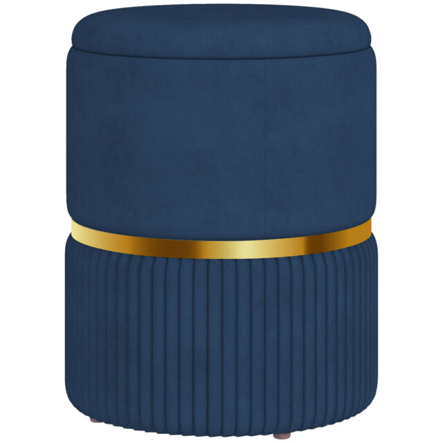 HOMCOM Round Ottoman Stool with Storage, Velvet-feel Fabric Pouffe, Padded Seat Foot Stool, Blue - image 1