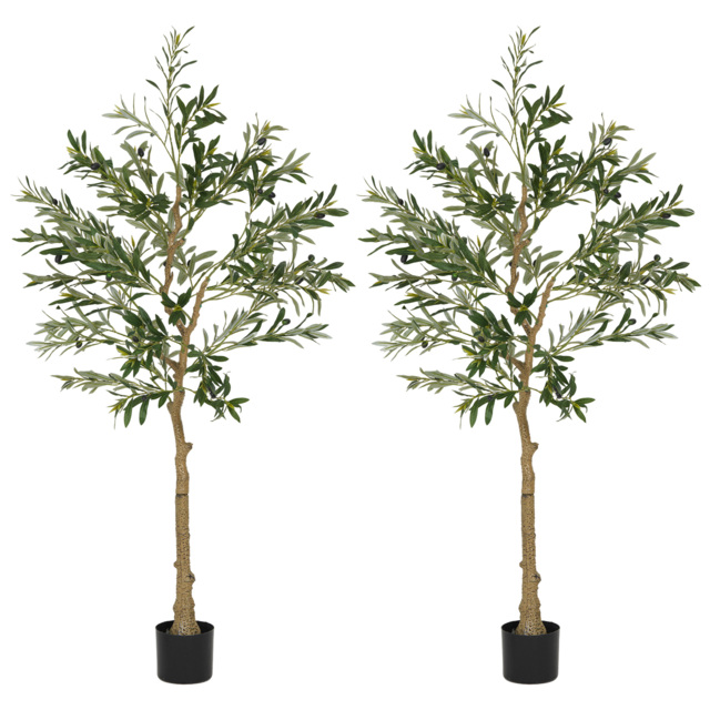 HOMCOM Set of 2 5ft/ 150cm Decorative Artificial Plant, Silk Olive Tree with 720 Leaves and 32 Olive Fruits in Pot, Fake Plant for Home, Office, Living Room, Indoor Decor - image 1
