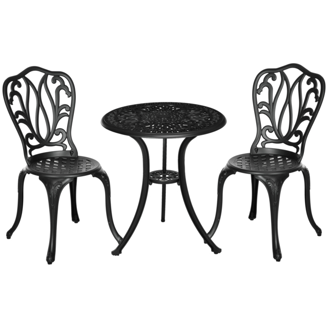 Outsunny 3 Pcs Bistro Set, Garden Table and Chairs Set With Parasol Hole, Black - Aosom UK - image 1