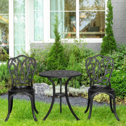 Outsunny 3 Pcs Bistro Set, Garden Table and Chairs Set With Parasol Hole, Black - Aosom UK - thumbnail 2