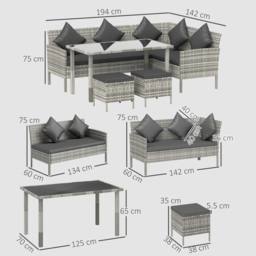 Outsunny tsunny 6-Seater Rattan Dining Set Sofa Table Footstool Outdoor w/ Cushion Garden Furniture, Dark Grey - thumbnail 3