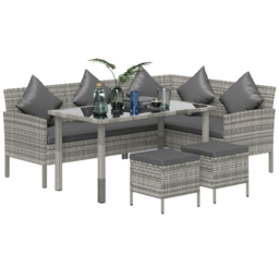 Outsunny tsunny 6-Seater Rattan Dining Set Sofa Table Footstool Outdoor w/ Cushion Garden Furniture, Dark Grey - thumbnail 1