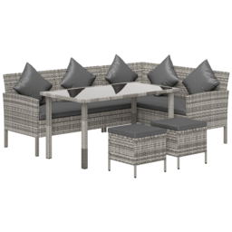 Outsunny tsunny 6-Seater Rattan Dining Set Sofa Table Footstool Outdoor w/ Cushion Garden Furniture, Dark Grey