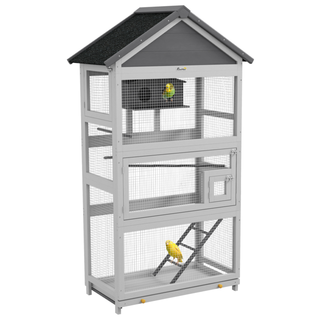 PawHut Wooden Bird Cage, with Stand, for Finches, Parakeets, Small birds - Grey - image 1