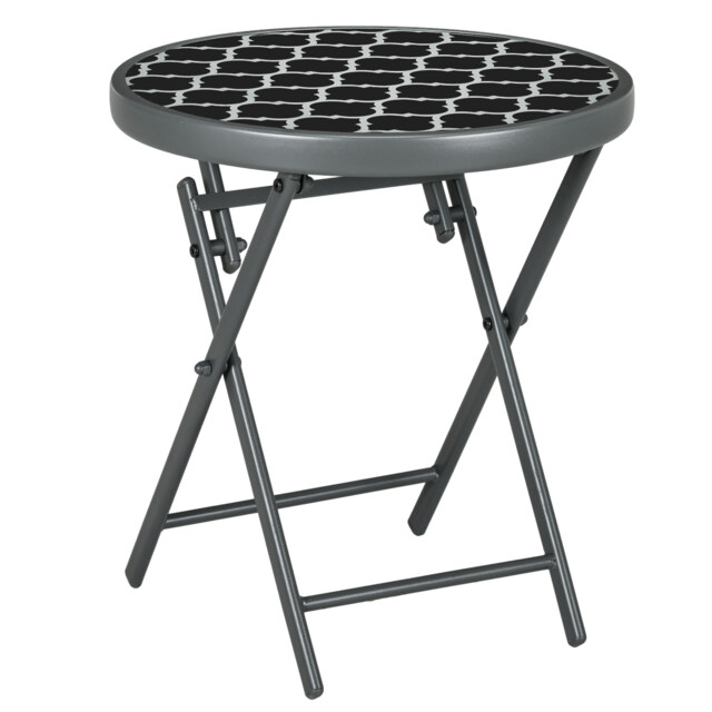 Outsunny Φ45cm Outdoor Side Table, Round Folding Patio Table with Imitation Marble Glass Top, Small Coffee Table, Black - Aosom UK - image 1