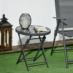 Outsunny Φ45cm Outdoor Side Table, Round Folding Patio Table with Imitation Marble Glass Top, Small Coffee Table, Black - Aosom UK - thumbnail 2