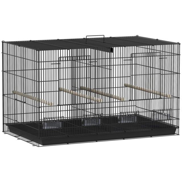 PawHut Bird Cage with Divider, 4 Wooden Perches, Slide Out Tray, 4 Feeders, for Budgie, Lovebird, Canary, 76 x 46 x 46cm, Black - image 1