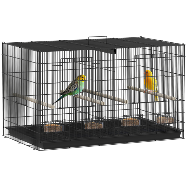 PawHut Bird Cage with Divider, 4 Wooden Perches, Slide Out Tray, 4 Feeders, for Budgie, Lovebird, Canary, 76 x 46 x 46cm, Black - image 1