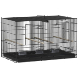 PawHut Bird Cage with Divider, 4 Wooden Perches, Slide Out Tray, 4 Feeders, for Budgie, Lovebird, Canary, 76 x 46 x 46cm, Black
