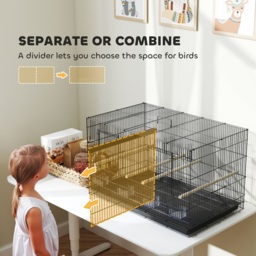 PawHut Bird Cage with Divider, 4 Wooden Perches, Slide Out Tray, 4 Feeders, for Budgie, Lovebird, Canary, 76 x 46 x 46cm, Black - thumbnail 4