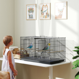 PawHut Bird Cage with Divider, 4 Wooden Perches, Slide Out Tray, 4 Feeders, for Budgie, Lovebird, Canary, 76 x 46 x 46cm, Black - thumbnail 2