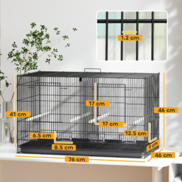 PawHut Bird Cage with Divider, 4 Wooden Perches, Slide Out Tray, 4 Feeders, for Budgie, Lovebird, Canary, 76 x 46 x 46cm, Black - thumbnail 3