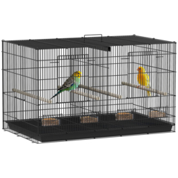 PawHut Bird Cage with Divider, 4 Wooden Perches, Slide Out Tray, 4 Feeders, for Budgie, Lovebird, Canary, 76 x 46 x 46cm, Black - thumbnail 1