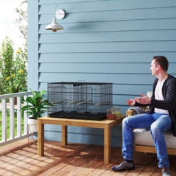 PawHut Bird Cage with Divider, 4 Wooden Perches, Slide Out Tray, 4 Feeders, for Budgie, Lovebird, Canary, 76 x 46 x 46cm, Black - thumbnail 9
