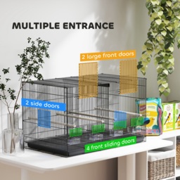 PawHut Bird Cage with Divider, 4 Wooden Perches, Slide Out Tray, 4 Feeders, for Budgie, Lovebird, Canary, 76 x 46 x 46cm, Black - thumbnail 6