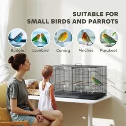 PawHut Bird Cage with Divider, 4 Wooden Perches, Slide Out Tray, 4 Feeders, for Budgie, Lovebird, Canary, 76 x 46 x 46cm, Black - thumbnail 8