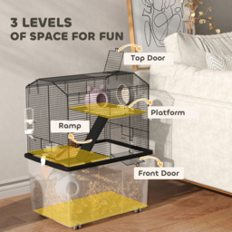 PawHut Three-Tier Gerbil Cage, Hamster Cage for Dwarf Hamster, Syrian Hamster w/ Wheels, Deep Bottom, Food Dish, Water Bottle - thumbnail 4