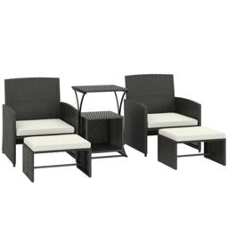Outsunny 6 Piece Rattan Garden Furniture, Space-Saving Patio Furniture Set with Nesting Tables, Chairs, Stools, Cushions, Black