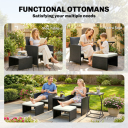 Outsunny 6 Piece Rattan Garden Furniture, Space-Saving Patio Furniture Set with Nesting Tables, Chairs, Stools, Cushions, Black - thumbnail 8