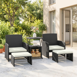 Outsunny 6 Piece Rattan Garden Furniture, Space-Saving Patio Furniture Set with Nesting Tables, Chairs, Stools, Cushions, Black - thumbnail 3
