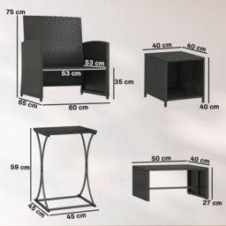 Outsunny 6 Piece Rattan Garden Furniture, Space-Saving Patio Furniture Set with Nesting Tables, Chairs, Stools, Cushions, Black - thumbnail 4