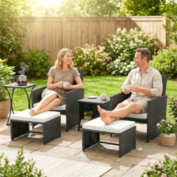 Outsunny 6 Piece Rattan Garden Furniture, Space-Saving Patio Furniture Set with Nesting Tables, Chairs, Stools, Cushions, Black - thumbnail 9