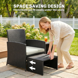 Outsunny 6 Piece Rattan Garden Furniture, Space-Saving Patio Furniture Set with Nesting Tables, Chairs, Stools, Cushions, Black - thumbnail 5