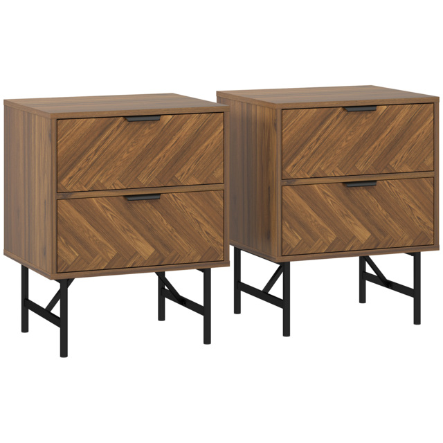 HOMCOM Bedside Table Set of 2 with 2 Drawers, Modern Side Tables with Herringbone Pattern and Metal Legs for Bedroom, Living Room, Walnut Brown - image 1