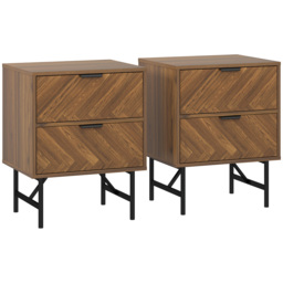 HOMCOM Bedside Table Set of 2 with 2 Drawers, Modern Side Tables with Herringbone Pattern and Metal Legs for Bedroom, Living Room, Walnut Brown - thumbnail 1