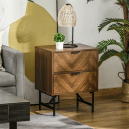 HOMCOM Bedside Table Set of 2 with 2 Drawers, Modern Side Tables with Herringbone Pattern and Metal Legs for Bedroom, Living Room, Walnut Brown - thumbnail 8