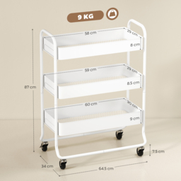 HOMCOM 3-Tier Storage Trolley on Wheels, Rolling Utility Cart with Mesh Backets for Kitchen, Bathroom, Bedroom, White - thumbnail 3