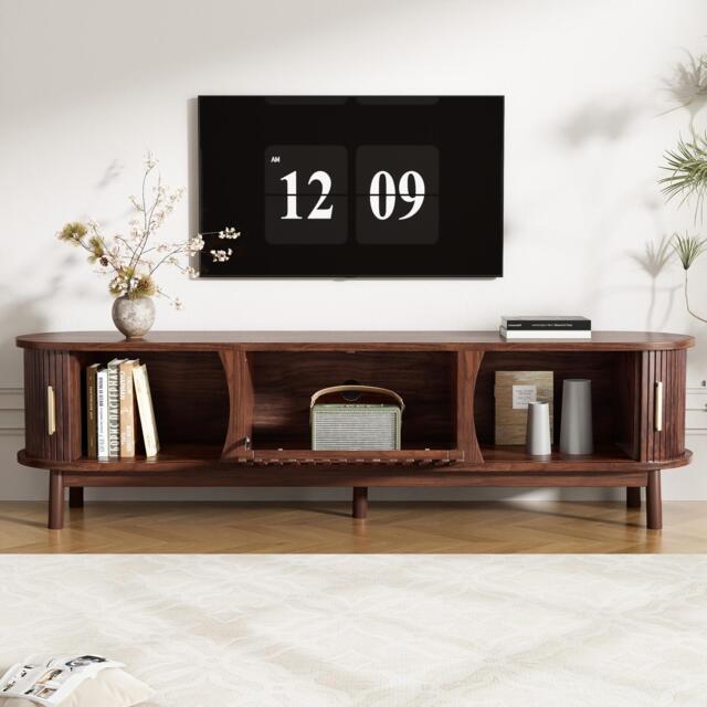 Retro MDF TV Stand with Sliding Wood-Slat Doors, Sturdy Unit with 3 Compartments for 65-Inch TV, 165L x 39.5W x 46H cm, Dark Oak - Aosom UK - image 1