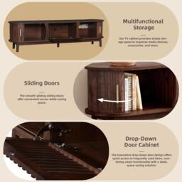Retro MDF TV Stand with Sliding Wood-Slat Doors, Sturdy Unit with 3 Compartments for 65-Inch TV, 165L x 39.5W x 46H cm, Dark Oak - Aosom UK - thumbnail 5