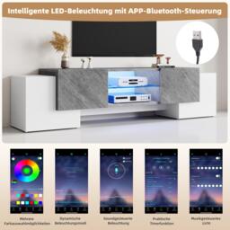 Modern TV Cabinet with App-Controlled LED Lighting, Media Cabinet with 4 Doors and 2 Open Shelves, 180L x 40W x 46.5H cm, Grey+White - Aosom UK - thumbnail 6