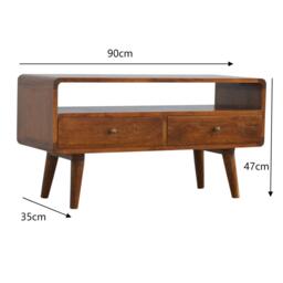 Solid Mango Wood Curved Media Unit with 2 Smooth-Gliding Drawers and Open Shelf, Table for Ample Storage, 35L x 90W x 47H cm, Brown - Aosom UK - thumbnail 3