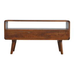 Solid Mango Wood Curved Media Unit with 2 Smooth-Gliding Drawers and Open Shelf, Table for Ample Storage, 35L x 90W x 47H cm, Brown - Aosom UK - thumbnail 8