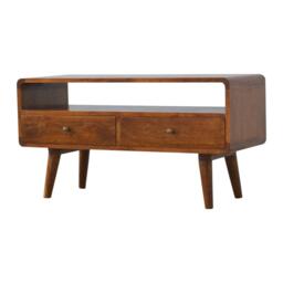 Solid Mango Wood Curved Media Unit with 2 Smooth-Gliding Drawers and Open Shelf, Table for Ample Storage, 35L x 90W x 47H cm, Brown - Aosom UK - thumbnail 6