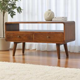 Solid Mango Wood Curved Media Unit with 2 Smooth-Gliding Drawers and Open Shelf, Table for Ample Storage, 35L x 90W x 47H cm, Brown - Aosom UK