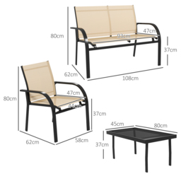 Outsunny 4 Pcs Curved Steel Outdoor Furniture Set w/ Loveseat, 2 Texteline Seats, Glass Top Table Garden Balcony Patio Furniture For Family Party Events Guests -Beige - thumbnail 3