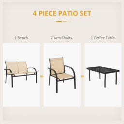 Outsunny 4 Pcs Curved Steel Outdoor Furniture Set w/ Loveseat, 2 Texteline Seats, Glass Top Table Garden Balcony Patio Furniture For Family Party Events Guests -Beige - thumbnail 4
