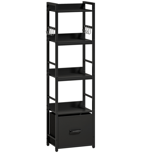HOMCOM 4-Tier Bookshelf, Narrow Bookcase with Drawer, 8 Hooks, Metal Frame, Black - image 1